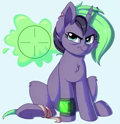 Size: 1799x1864 | Tagged: safe, artist:thegamblehorse, deleted from derpibooru, derpibooru import, oc, oc:plasma burst, unofficial characters only, pony, unicorn, fallout equestria, angry, bandage, chest fluff, cute, cutie mark, fallout, female, grumpy, looking at you, mare, pipboy, pipbuck, scar, scrunchy face, simple background, sitting, solo