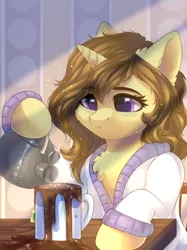 Size: 2048x2732 | Tagged: safe, artist:alphadesu, derpibooru import, oc, oc:astral flare, unofficial characters only, pony, unicorn, bipedal, chair, chest fluff, clothes, coffee, coffee mug, cute, female, food, image, messy mane, morning, morning ponies, mug, not amused face, png, robe, sleepy, solo, table, tea, tea kettle, tired