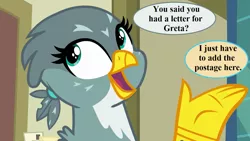 Size: 1280x720 | Tagged: cute, derpibooru import, dialogue, dragon dropped, edit, edited screencap, flipped image, gabby, gabbybetes, implied gallus, implied greta, mail, safe, screencap, speech bubble