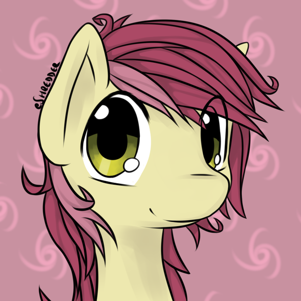 Size: 800x800 | Tagged: safe, artist:eshredder, derpibooru import, roseluck, pony, bust, cute, cuteluck, eye clipping through hair, female, looking at you, mare, portrait, red background, simple background, solo