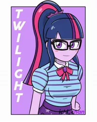 Size: 1080x1350 | Tagged: safe, artist:ichi_chan.comic, derpibooru import, sci-twi, twilight sparkle, equestria girls, equestria girls series, blushing, bow, clothes, female, geode of telekinesis, glasses, magical geodes, ponytail, purple background, purple eyes, purple skin, simple background, skirt, solo, watermark