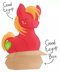 Size: 1825x2192 | Tagged: safe, artist:sixes&sevens, derpibooru import, big macintosh, pony, behaving like a cat, box, cardboard box, cute, eeyup, eyes closed, freckles, happy, if i fits i sits, macabetes, male, pony in a box, simple background, solo, stallion