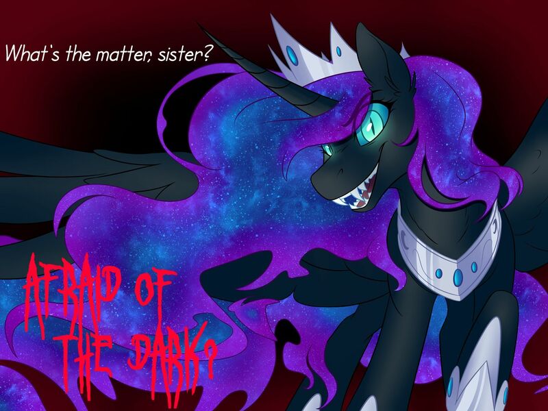 Size: 1920x1440 | Tagged: safe, artist:astralmelodia, artist:its-gloomy, deleted from derpibooru, derpibooru import, nightmare moon, alicorn, pony, abstract background, crown, curved horn, dialogue, ear fluff, ethereal mane, fangs, female, glowing eyes, grin, hoof shoes, horn, implied princess celestia, jewelry, looking at you, mare, open mouth, raised hoof, regalia, slit eyes, smiling, solo, spread wings, starry mane, wings