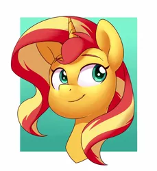 Size: 1574x1718 | Tagged: safe, artist:victoreach, derpibooru import, sunset shimmer, pony, abstract background, bust, cute, female, mare, portrait, shimmerbetes, solo