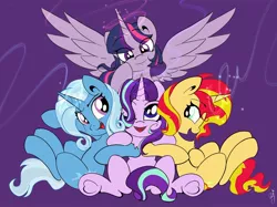 Size: 2048x1535 | Tagged: safe, artist:saralien, derpibooru import, starlight glimmer, sunset shimmer, trixie, twilight sparkle, twilight sparkle (alicorn), alicorn, pony, unicorn, chest fluff, counterparts, cute, female, hair over one eye, looking at you, magic, magical quartet, mare, one eye closed, open mouth, purple background, simple background, sitting, twilight's counterparts