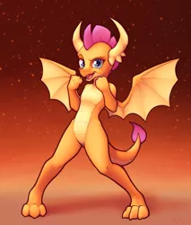 Size: 3400x4000 | Tagged: anthro, artist:ohemo, derpibooru import, dragon, dragoness, female, fight, fire, high res, looking at you, open mouth, safe, smolder, solo