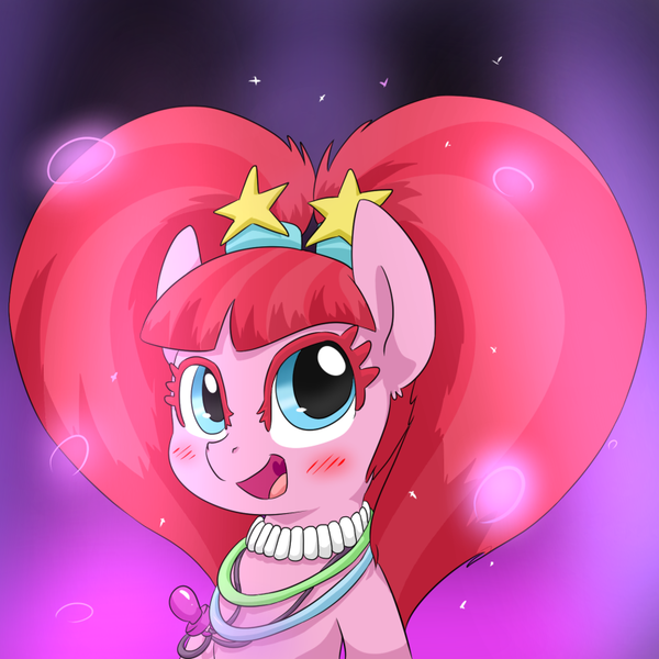 Size: 800x800 | Tagged: safe, artist:dendollae, derpibooru import, pacific glow, earth pony, pony, abstract background, blushing, bust, cute, female, glowbetes, hair tie, jewelry, looking at you, mare, necklace, open mouth, pacifier, pigtails, portrait, smiling, solo