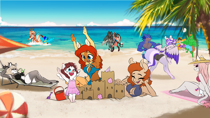 Size: 4877x2743 | Tagged: safe, artist:xxmarkingxx, derpibooru import, oc, oc:athena fletcher ridgewell, oc:ember rose, oc:firelight, oc:haiyan erkore, oc:honeypot meadow, oc:kaldra versvesh, oc:lady lovegreen, oc:lightning blast, oc:nikopol, oc:pandie, oc:rainy night, oc:rosie quartz, oc:static, unofficial characters only, anthro, deer, dracony, dragon, earth pony, fox, fox pony, hybrid, pegasus, unguligrade anthro, unicorn, anthro oc, armpits, beach, bikini, breasts, butt, clothes, commission, deer oc, digital art, dragon oc, earth pony oc, female, gift art, hat, horn, image, male, one-piece swimsuit, palm tree, partial nudity, pegasus oc, png, sandcastle, smiling, splash, splashing, sports, swimming trunks, swimsuit, topless, tree, unicorn oc, volleyball, volleyball net, water, wings