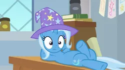 Size: 1280x720 | Tagged: safe, derpibooru import, screencap, trixie, pony, unicorn, a horse shoe-in, clothes, crossed hooves, crossed legs, cute, female, frown, hat, hooves behind head, lying down, mare, reclining, shrunken pupils, solo, trixie's hat, vice headmare trixie, wide eyes