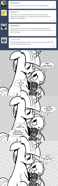 Size: 896x2844 | Tagged: safe, artist:mamatwilightsparkle, derpibooru import, smarty pants, spike, twilight sparkle, unicorn, baby, baby spike, comic, crying, diaper, love, mama twilight, mama twilight sparkle, monochrome, sad, tumblr, younger