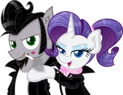 Size: 1014x787 | Tagged: safe, artist:claritea, derpibooru import, rarity, oc, oc:sketchy, earth pony, pony, unicorn, beard, canon x oc, cigarette, clothes, digital art, facial hair, female, horn, jacket, kiss mark, leather jacket, lipstick, looking at you, male, mare, smoking, stallion