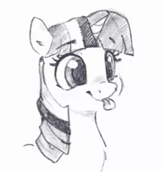 Size: 1397x1469 | Tagged: safe, artist:thefloatingtree, derpibooru import, twilight sparkle, pony, :p, bust, cute, female, grayscale, mare, monochrome, portrait, silly, silly pony, simple background, solo, tongue out, twiabetes, white background