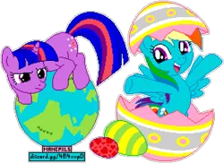 Size: 1148x836 | Tagged: safe, artist:dentist73548, artist:luckreza8, derpibooru import, editor:cocoa bittersweet, rainbow dash, twilight sparkle, pegasus, pony, unicorn, secret of my excess, crouching, cutie mark, duo, duo female, easter, easter egg, female, frown, glare, globe, heart, holiday, manepxls, mare, open mouth, pixel art, planet, pxls.space, raised hoof, simple background, spread arms, tangible heavenly object, transparent background, unicorn twilight
