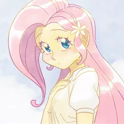 Size: 2048x2048 | Tagged: safe, artist:chapaghettii, derpibooru import, fluttershy, equestria girls, blouse, bust, cloud, cute, female, flower, flower in hair, high res, looking at you, shyabetes, sky, solo