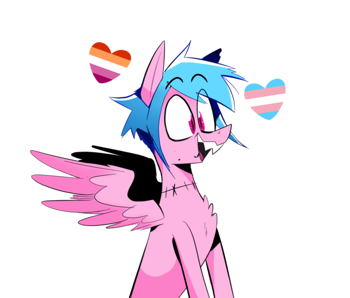 Size: 1242x1060 | Tagged: artist:cassettepunk, derpibooru import, lesbian pride flag, not firefly, oc, oc:cassettepony, pegasus, pegasus oc, pride, pride flag, safe, simple background, solo, stitches, transgender pride flag, unofficial characters only, white background, wings