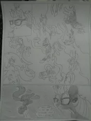 Size: 1944x2592 | Tagged: semi-grimdark, artist:princebluemoon3, author:bigonionbean, derpibooru import, lily, lily valley, moondancer, saffron masala, earth pony, pegasus, pony, unicorn, comic:the chaos within us, background pony, black and white, body horror, canterlot, chaos, clothes, comic, commissioner:bigonionbean, confused, crying, deflating, deflation, dialogue, drawing, dream, female, floating, forced, gas, glasses, grayscale, horror, in pain, magic, monochrome, night, nightmare, out of control magic, pain, panic, ponytail, random pony, scared, suffering, terror, traditional art, transformation, vein bulge
