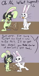 Size: 728x1414 | Tagged: angel bunny, angery, animal, anon bunny, artist:happy harvey, bunnified, bunny ears, chest fluff, derpibooru import, dialogue, drawn on phone, female, heart eyes, imminent sex, implied fluttershy, implied twilight sparkle, in love, oc, oc:anon, offscreen character, open mouth, potion, rabbit, safe, species swap, this will end in snu snu, transformation, transgender transformation, wingding eyes