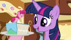 Size: 1280x720 | Tagged: 9go, alicorn, australia, cake, cakes for the memories, derpibooru import, food, pinkie pie, safe, screencap, spoiler:cakes for the memories, spoiler:mlp friendship is forever, twilight sparkle, twilight sparkle (alicorn)