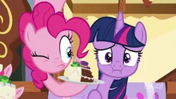 Size: 1280x720 | Tagged: safe, derpibooru import, screencap, pinkie pie, twilight sparkle, twilight sparkle (alicorn), alicorn, earth pony, cakes for the memories, spoiler:cakes for the memories, spoiler:mlp friendship is forever, 9go, cake, food, looking at someone, one eye closed, pinkie being pinkie, pinkie physics, plate, pouty lips, sugarcube corner, worried