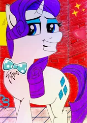 Size: 1356x1920 | Tagged: safe, artist:qnight, deleted from derpibooru, derpibooru import, rarity, pony, unicorn, bow, fabulous, female, graffiti, looking at you, manehattan, mare, night, smiling, smiling at you, solo, traditional art