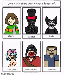 Size: 760x889 | Tagged: safe, artist:werblyis1, derpibooru import, cozy glow, human, pegasus, pony, six fanarts, bendy and the ink machine, black hat (villainous), bow, chara, crossover, female, filly, hair bow, hat, herobrine, minecraft, smiling, team fortress 2, top hat, undertale, villainous