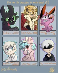 Size: 768x960 | Tagged: safe, artist:elafoxuwo, derpibooru import, cozy glow, dog, dragon, human, pegasus, pony, six fanarts, 9s, blindfold, bow, bust, clothes, courage the cowardly dog, crossover, female, filly, grin, hair bow, heart eyes, how to train your dragon, male, my hero academia, nier: automata, scared, smiling, the promised neverland, toothless the dragon, wingding eyes