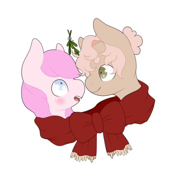 Size: 4000x4000 | Tagged: artist needed, safe, derpibooru import, oc, oc:kayla, oc:mary jane, unofficial characters only, earth pony, pegasus, pony, blushing, boop, clothes, duo, female, hair bun, lesbian, love, mare, mistletoe, noseboop, oc x oc, scarf, shared clothing, shared scarf, shipping, simple background, transparent background