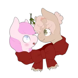 Size: 4000x4000 | Tagged: artist needed, safe, derpibooru import, oc, oc:kayla, oc:mary jane, unofficial characters only, earth pony, pegasus, pony, blushing, boop, clothes, duo, female, hair bun, lesbian, love, mare, mistletoe, noseboop, oc x oc, scarf, shared clothing, shared scarf, shipping, simple background, transparent background