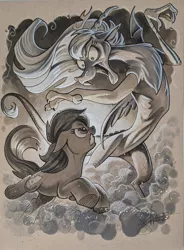 Size: 1061x1440 | Tagged: safe, artist:andypriceart, derpibooru import, discord, oc, oc:penny, draconequus, earth pony, pony, duo, eris, female, mare, monochrome, rule 63, traditional art