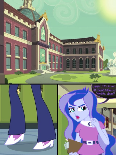 Size: 2048x2732 | Tagged: safe, artist:justsomepainter11, derpibooru import, princess luna, comic:in the school, equestria girls, canterlot high, clothes, comic, heat, luna is not amused, pants, shoes, sunny, unamused, vice principal luna, walking