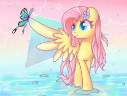 Size: 1700x1275 | Tagged: safe, artist:musicfirewind, derpibooru import, fluttershy, butterfly, pegasus, pony, alternate hairstyle, cute, female, flower, flower in hair, looking at something, mare, one wing out, shyabetes, sitting on wing, smiling, solo, standing, water, wings