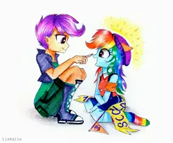 Size: 2801x2322 | Tagged: safe, artist:liaaqila, derpibooru import, rainbow dash, scootaloo, equestria girls, 2020, 2020s, age swap, beanie, boop, clothes, commission, cute, daaaaaaaaaaaw, dashabetes, denim shorts, flag, happy, hat, older, older scootaloo, open mouth, rainbow socks, role reversal, short hair, shorts, smiling, socks, striped socks, tomboy, traditional art, weapons-grade cute, younger