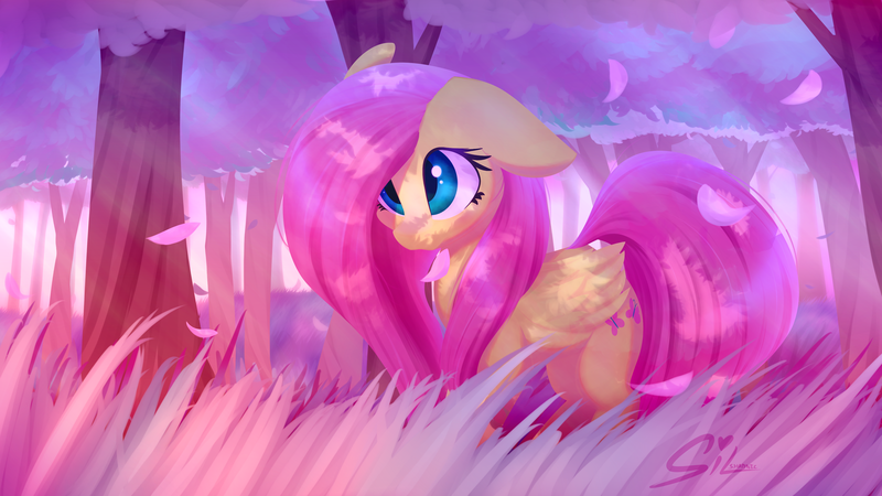 Size: 3840x2160 | Tagged: safe, artist:silshadnic, deleted from derpibooru, derpibooru import, fluttershy, pegasus, pony, 4k, cute, female, floppy ears, forest, grass, high res, mare, petals, shyabetes, solo, tree