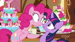 Size: 1280x720 | Tagged: safe, derpibooru import, screencap, pinkie pie, twilight sparkle, twilight sparkle (alicorn), alicorn, earth pony, pony, cakes for the memories, spoiler:cakes for the memories, spoiler:mlp friendship is forever, 9go, bipedal, cake, duo, duo female, female, food, intense stare, nervous, stare, sugarcube corner