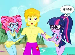 Size: 1075x792 | Tagged: safe, alternate version, artist:dieart77, derpibooru import, kiwi lollipop, sci-twi, twilight sparkle, oc, oc:heat blitz, human, equestria girls, equestria girls series, abs, arm grab, bare chest, beach, belly button, bikini, blonde hair, blushing, canon x oc, cap, clothes, commission, cropped, dawwww, dialogue, female, glasses, hair, hat, heart, heatwi, jealous, k-lo, legs, male, muscles, partial nudity, patreon, patreon commission, patreon logo, pink hair, ponytail, scene trash, shipping, straight, swimming trunks, swimsuit, topless, water, yellow hair