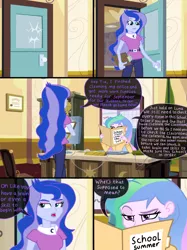 Size: 2048x2732 | Tagged: safe, artist:justsomepainter11, derpibooru import, princess celestia, princess luna, comic:in the school, equestria girls, celestia's office, comic, knocking, principal celestia, reading, sitting, vice principal luna