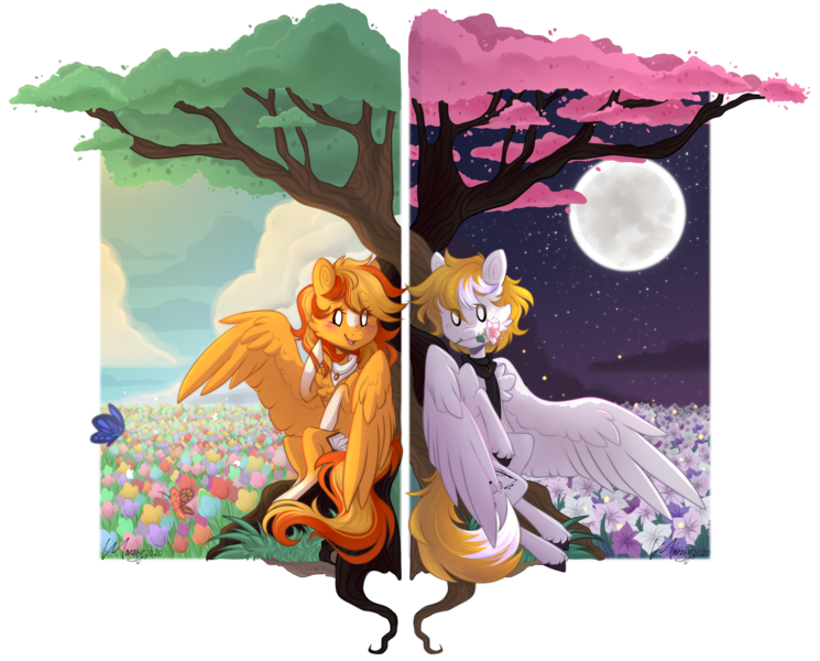 Size: 2614x2106 | Tagged: safe, artist:monogy, derpibooru import, oc, oc:serenity, oc:white feather, unofficial characters only, pony, female, flower, male, mare, night, serenither, simple background, stallion, transparent background, tree