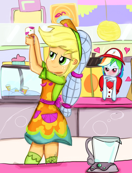 Size: 2368x3111 | Tagged: safe, artist:samyvillaly, derpibooru import, applejack, rainbow dash, eqg summertime shorts, equestria girls, shake things up!, appledash, blushing, female, lesbian, mall, shipping