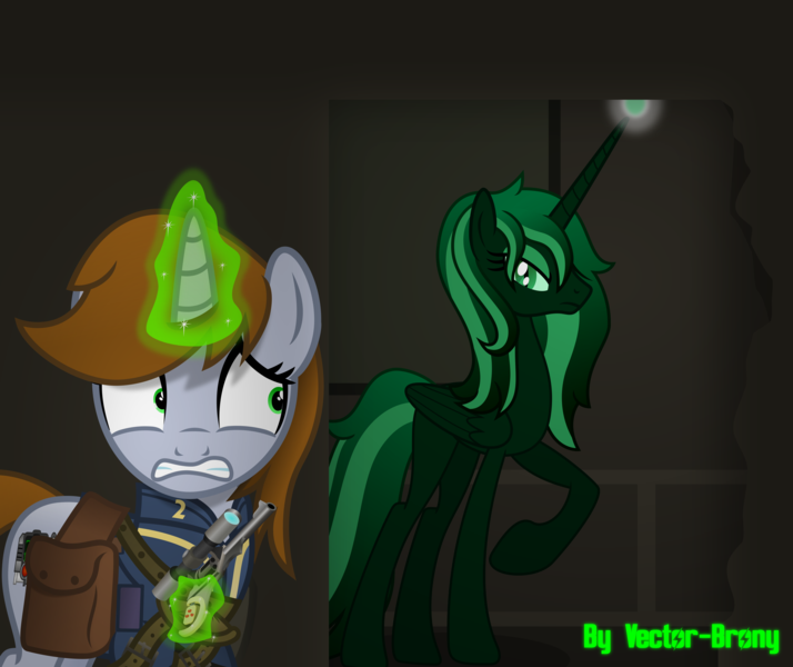 Size: 4854x4079 | Tagged: safe, artist:vector-brony, derpibooru import, oc, oc:littlepip, unofficial characters only, alicorn, pony, unicorn, fallout equestria, fanfic, alicorn oc, artificial alicorn, bag, clothes, fanfic art, female, glowing horn, green alicorn (fo:e), gritted teeth, gun, handgun, hooves, horn, levitation, little macintosh, magic, mare, optical sight, pipbuck, pistol, raised hoof, revolver, saddle bag, scared, scope, telekinesis, vault suit, weapon, wings