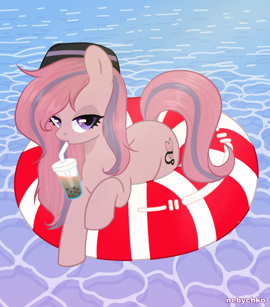 Size: 1800x2040 | Tagged: safe, artist:kim0508, artist:nebychko, derpibooru import, oc, oc:sweet haze, unofficial characters only, earth pony, pony, cute, drink, drinking, drinking straw, femboy, hat, lifebuoy, looking at you, male, stallion, water