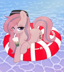 Size: 1800x2040 | Tagged: safe, artist:kim0508, artist:nebychko, derpibooru import, oc, oc:sweet haze, unofficial characters only, earth pony, pony, cute, drink, drinking, drinking straw, femboy, hat, lifebuoy, looking at you, male, stallion, water