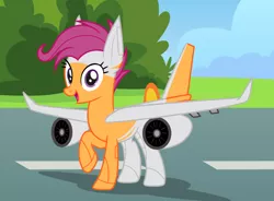 Size: 2480x1826 | Tagged: safe, artist:badumsquish, derpibooru import, scootaloo, original species, plane pony, pony, boeing 787, female, kamascootra, looking at you, mare, older, older scootaloo, open mouth, plane, planeified, pun, raised hoof, runway, scootaloo can fly, scootaplane, show accurate, smiling, solo, species swap, wonderbolts headquarters