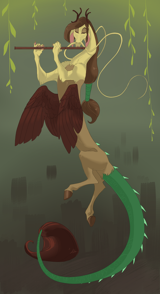 Size: 1235x2272 | Tagged: artist:varwing, derpibooru import, draconequus, flute, hybrid, interspecies offspring, male, musical instrument, oc, oc:leaflitter, offspring, parent:discord, parent:fluttershy, parents:discoshy, safe, solo