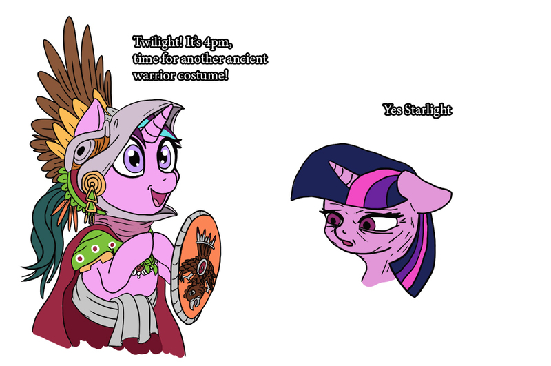 Size: 1000x664 | Tagged: safe, artist:boi_slam, artist:slamjam, derpibooru import, starlight glimmer, twilight sparkle, pony, armor, aztec, dick flattening, eagle warrior, historical roleplay starlight, meme, shield, text