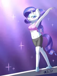 Size: 1500x2000 | Tagged: anthro, armpits, artist:melliedraws, beam, blushing, clothes, compression shorts, derpibooru import, female, gymnastics, one eye closed, plantigrade anthro, pose, rarity, safe, sexy, shorts, showing off, socks, solo, sports bra, sports shorts, stylish, sultry pose, wink