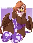 Size: 1056x1375 | Tagged: suggestive, artist:arnachy, derpibooru import, oc, oc:tahlia, unofficial characters only, anthro, gryphon, anthro oc, bedroom eyes, big breasts, breasts, cleavage, clothes, curvy, female, gloves, griffon oc, huge breasts, leotard, long gloves, milf, milkymonday, plump, smiling, solo, solo female