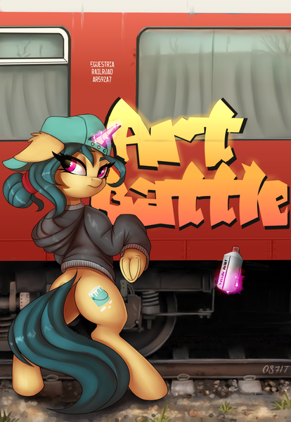 Size: 2000x2900 | Tagged: safe, artist:pony-way, derpibooru import, fresh coat, unicorn, backwards ballcap, baseball cap, bipedal, cap, clothes, cutie mark, ear fluff, floppy ears, frog (hoof), graffiti, hat, hoodie, magic, on hind legs, paint, railroad, railway track, solo, spray paint, tabun art-battle, tabun art-battle cover, telekinesis, train, train car, underhoof