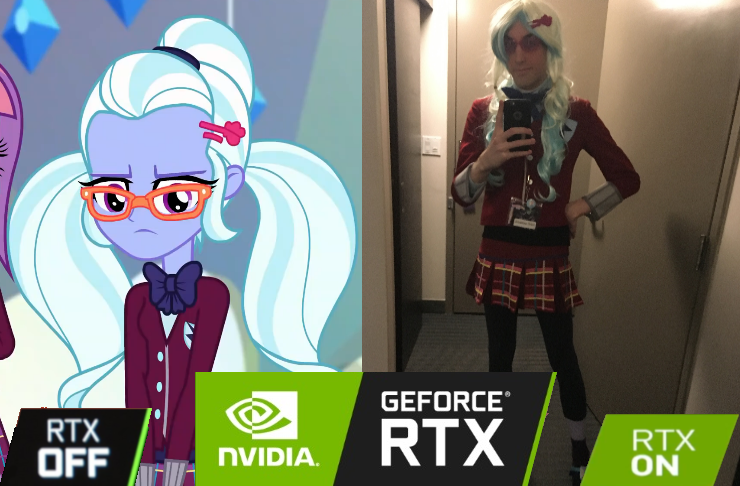 Size: 740x486 | Tagged: safe, derpibooru import, sugarcoat, sunny flare, human, equestria girls, barrette, clothes, cosplay, costume, crossdressing, crossplay, door, drag, eyeglasses, geforce, geforce rtx, geforce rtx meme, glasses, graphics, irl, irl human, mobile phone, nvidia, pc graphics, phone, photo, rtx, skirt