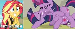 Size: 1154x450 | Tagged: suggestive, derpibooru import, edit, edited screencap, screencap, sunset shimmer, twilight sparkle, changeling, pony, unicorn, a canterlot wedding, equestria girls, equestria girls series, forgotten friendship, animated, blurred background, building, caption, cliff, clothes, cloud, cropped, cute, disguise, disguised changeling, female, forest background, geode of empathy, gif, gold, hands together, hub logo, image macro, implied sunset twiangle, jewelry, lesbian, magical geodes, mare, midriff, necklace, out of context, outdoors, sarong, self ponidox, selfcest, shimmerbetes, shipping, shoulder bag, sky, smiling, sun, swimsuit, text, that is my fetish, the hub, twolight, unicorn twilight, wristband