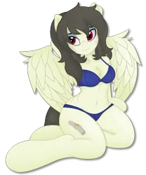 Size: 3157x3786 | Tagged: alternate version, artist:digiqrow, belly button, bra, chest fluff, clothes, derpibooru import, female, kneeling, oc, oc:hot take, panties, pegasus, pegasus oc, semi-anthro, simple background, solo, solo female, suggestive, transparent background, underwear, unofficial characters only, wings